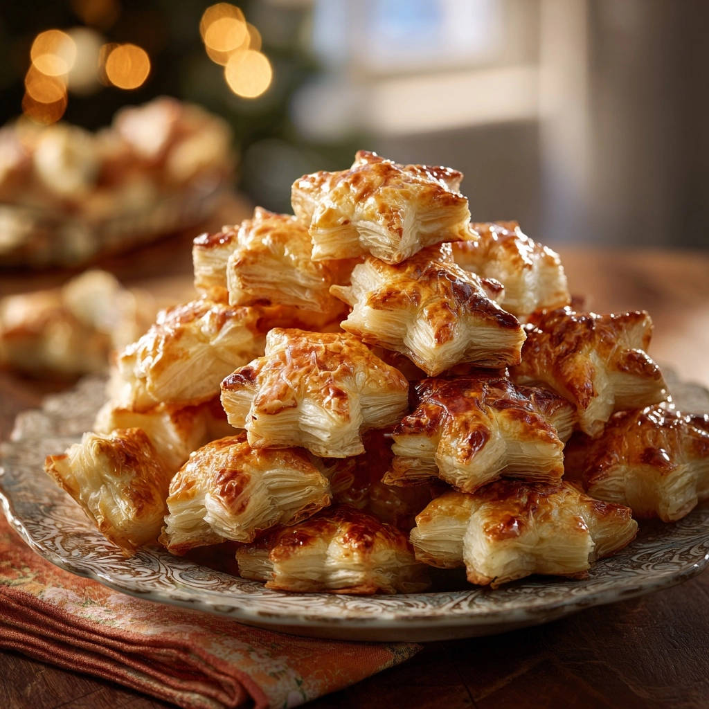 Savory puff pastry stars are piled high on a decorative plate, showcasing their golden-brown, flaky layers.