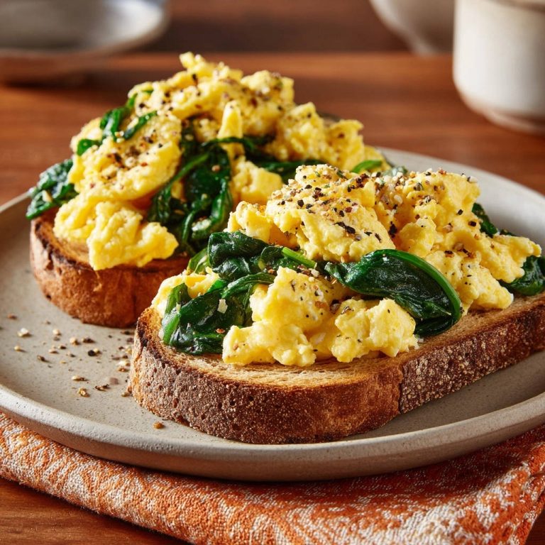 Perfect scrambled eggs with spinach toast plated and seasoned with everything bagel seasoning, a close-up view.