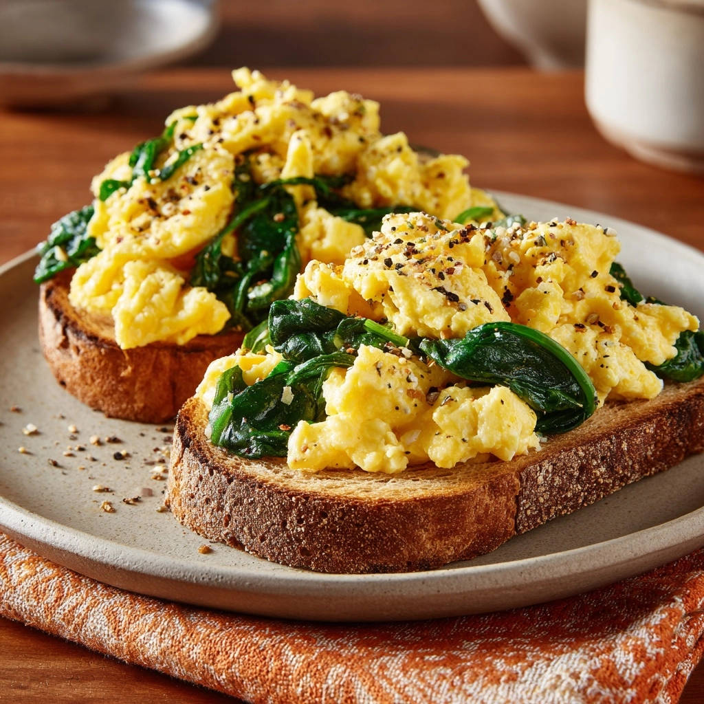 Perfect scrambled eggs with spinach toast plated and seasoned with everything bagel seasoning, a close-up view.