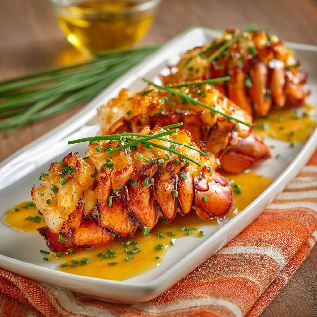 Seared lobster tails served with a rich butter sauce and fresh chives garnish on a white plate.
