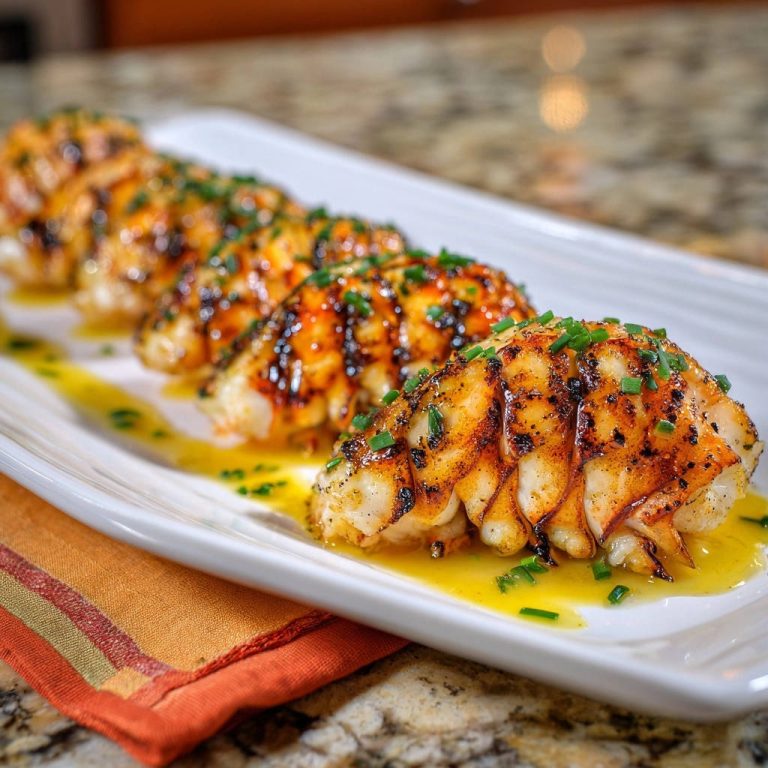 Seared lobster tails plated with chives and butter sauce in a close-up view.