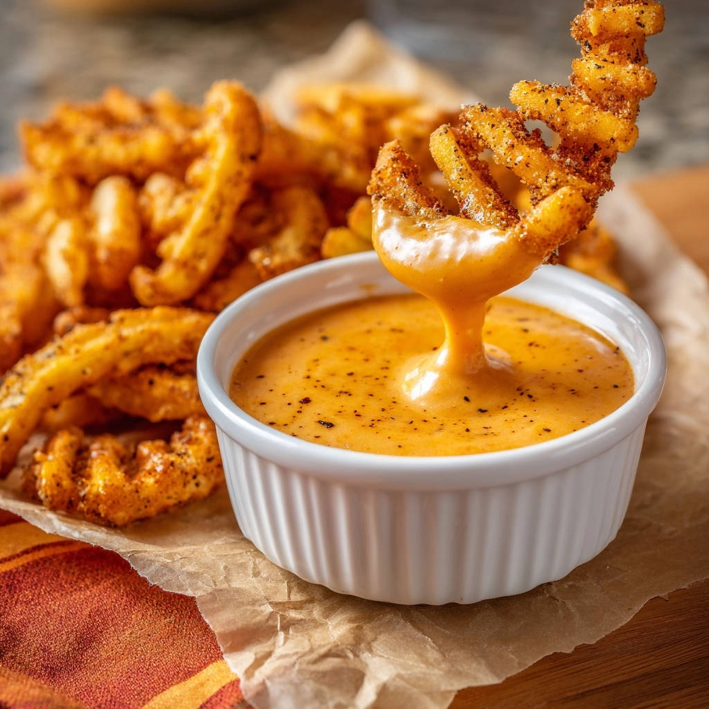 Crispy seasoned waffle fries with zesty dipping sauce, a single fry being dipped into the cheese sauce.