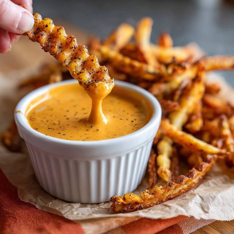 Seasoned waffle fries with zesty dipping sauce, a single fry being dipped into the cheese sauce.