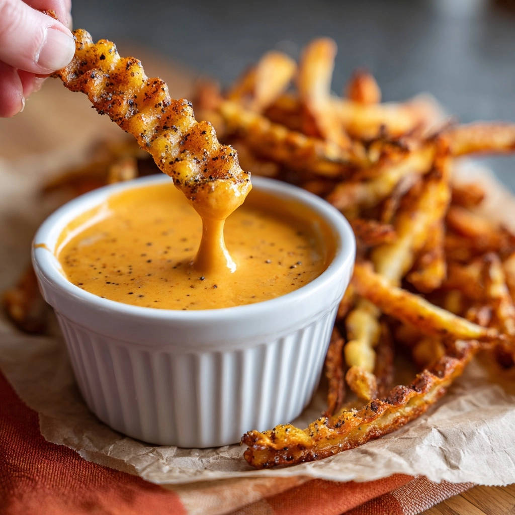 Seasoned waffle fries with zesty dipping sauce, a single fry being dipped into the cheese sauce.