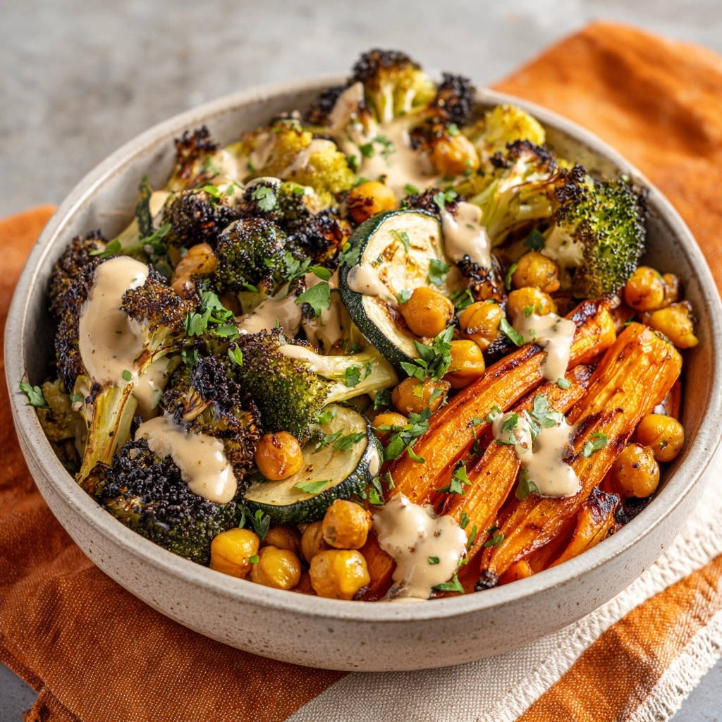 Sheet pan veggie & chickpea power bowl close-up, featuring roasted broccoli, carrots, zucchini, and chickpeas drizzled with creamy tahini dressing.
