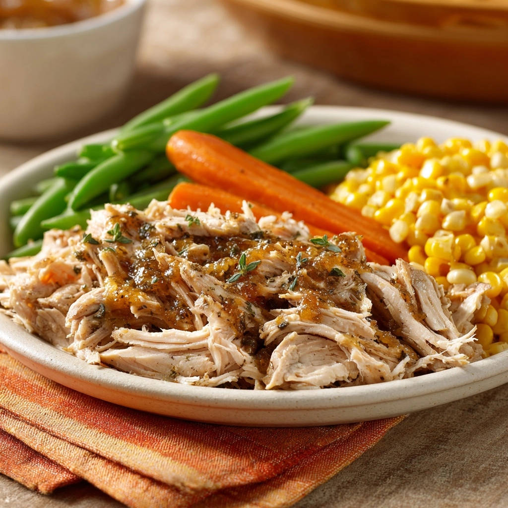 Effortless shredded chicken with gravy served on a plate with green beans, carrots, and corn.