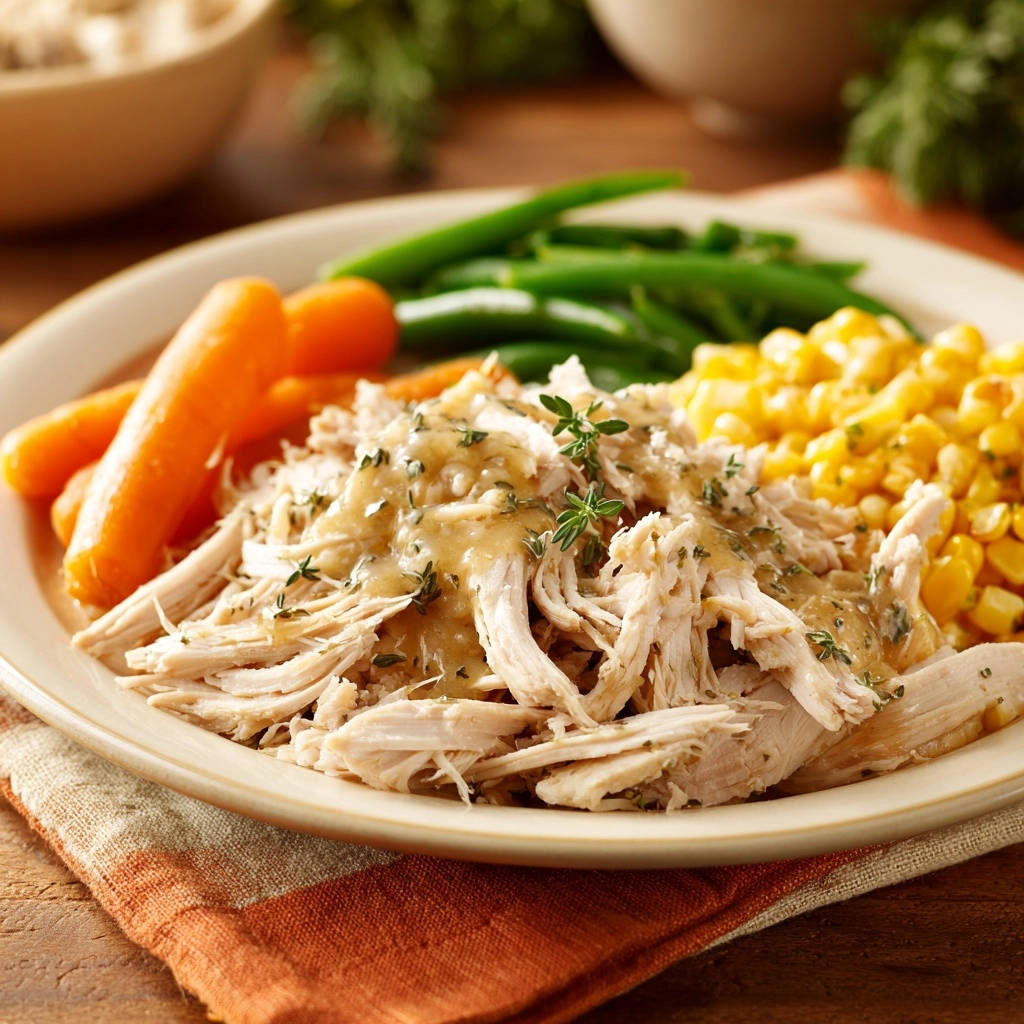Effortless shredded chicken with gravy plated with carrots, green beans, and corn.