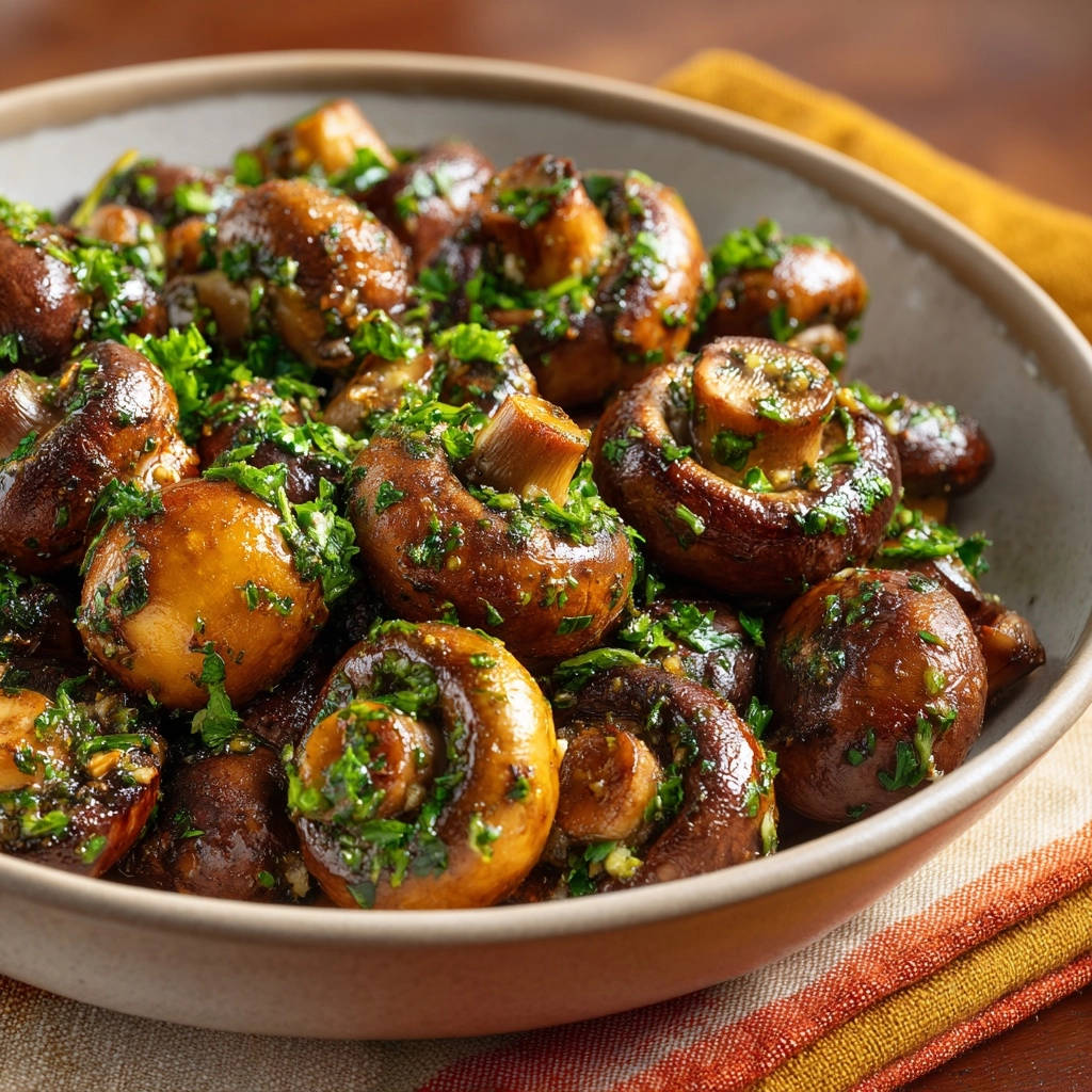 Skillet garlic herb mushrooms shown in a close-up view within a rustic bowl, glistening with herbs.