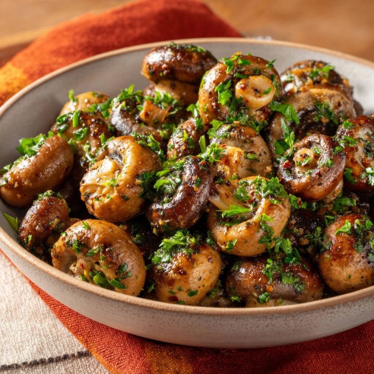 Skillet garlic herb mushrooms served in a bowl, glistening with herbs and sauce, a close-up view.