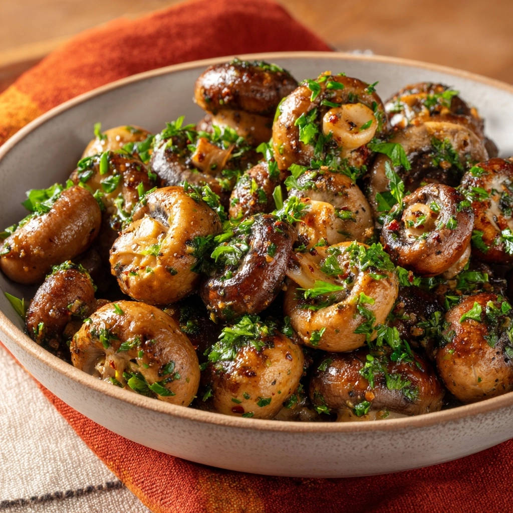 Skillet garlic herb mushrooms served in a bowl, glistening with herbs and sauce, a close-up view.