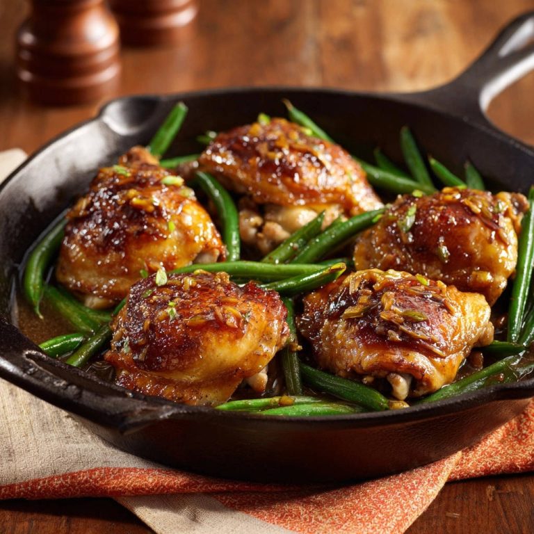 Skillet glazed chicken and green beans in a cast iron pan, with a close-up view of the glistening sticky glaze.