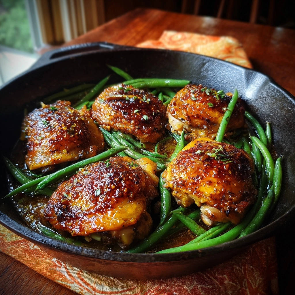 Skillet glazed chicken and green beans featuring a close-up of the sticky, glossy glaze on the chicken thighs.