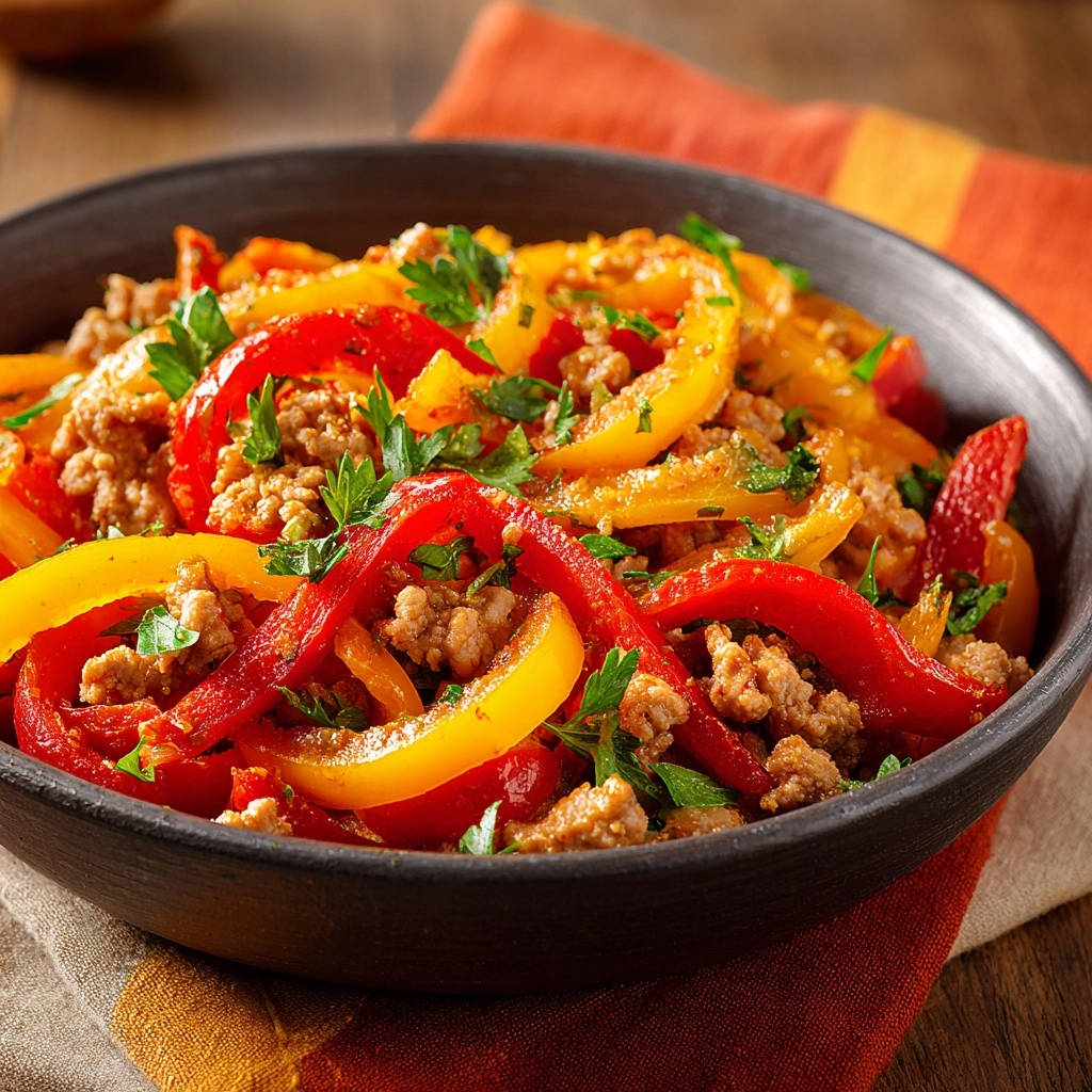 Skillet ground meat and peppers served in a dark bowl, viewed from above with sliced red and yellow peppers.