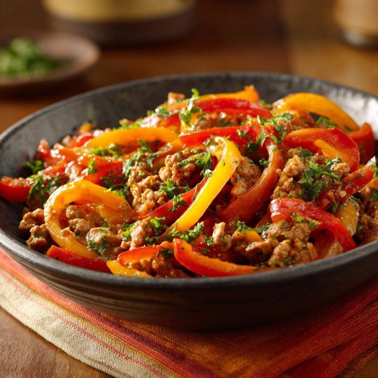 Skillet ground meat and peppers served in a dark bowl, garnished with fresh parsley, with a close-up view.