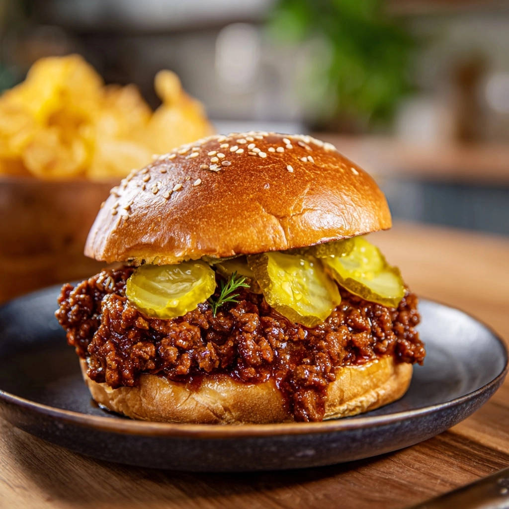 Classic Sloppy Joes topped with dill pickle slices and fresh dill on a sesame seed bun.
