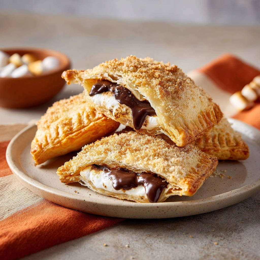 S'mores hand pies showing a gooey cross-section of melted chocolate and toasted marshmallow filling.