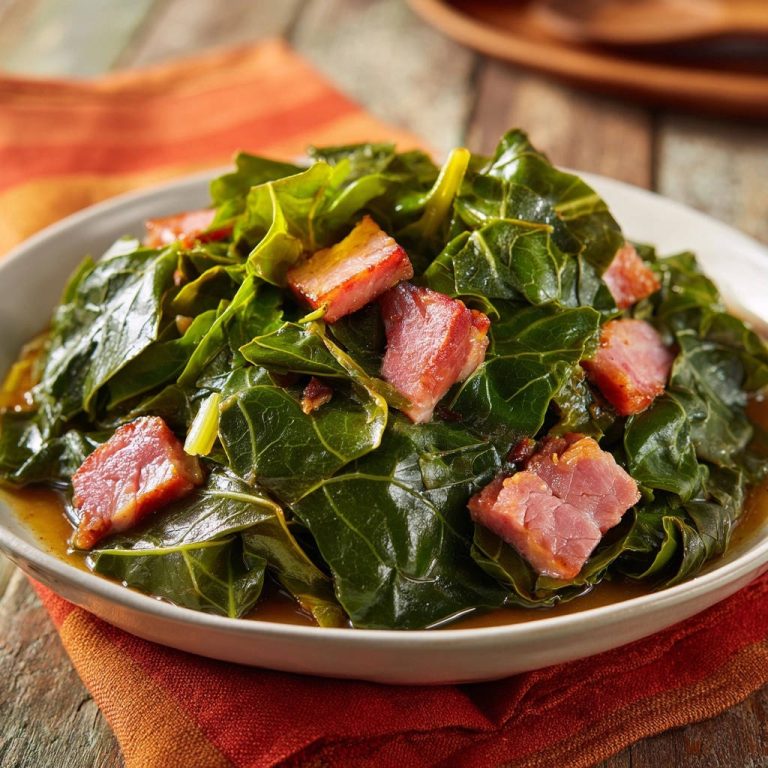 Slow-cooked Southern collard greens with chunks of ham, presented in a close-up view on a white plate.