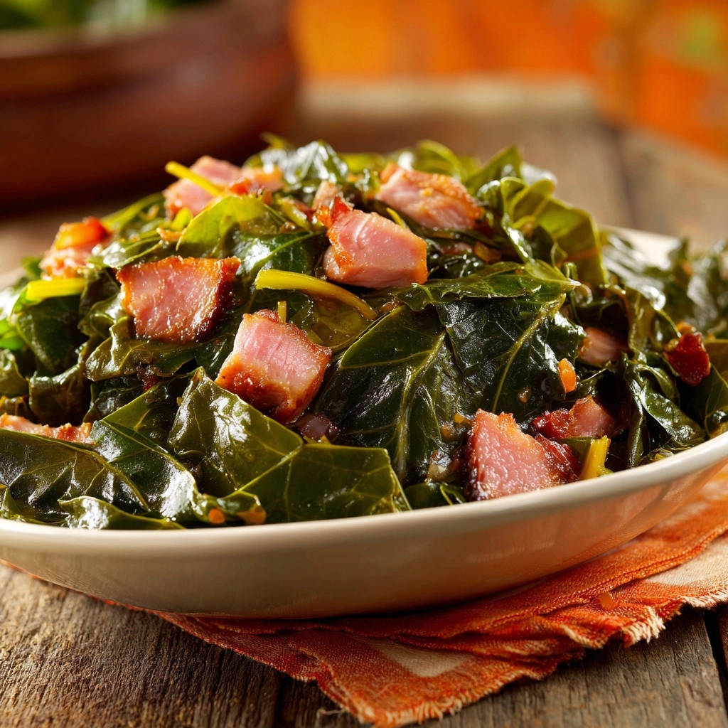 Slow-cooked southern collard greens with chunks of ham in a close-up view.