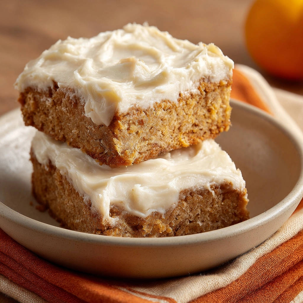 Spiced cake bars stacked in a bowl, topped with fluffy white frosting, showcasing their moist texture.