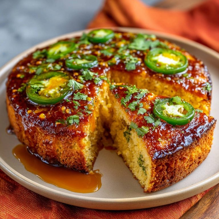 Spicy glazed cornbread cake with a slice cut out, showing its moist interior and fresh jalapeño garnish.