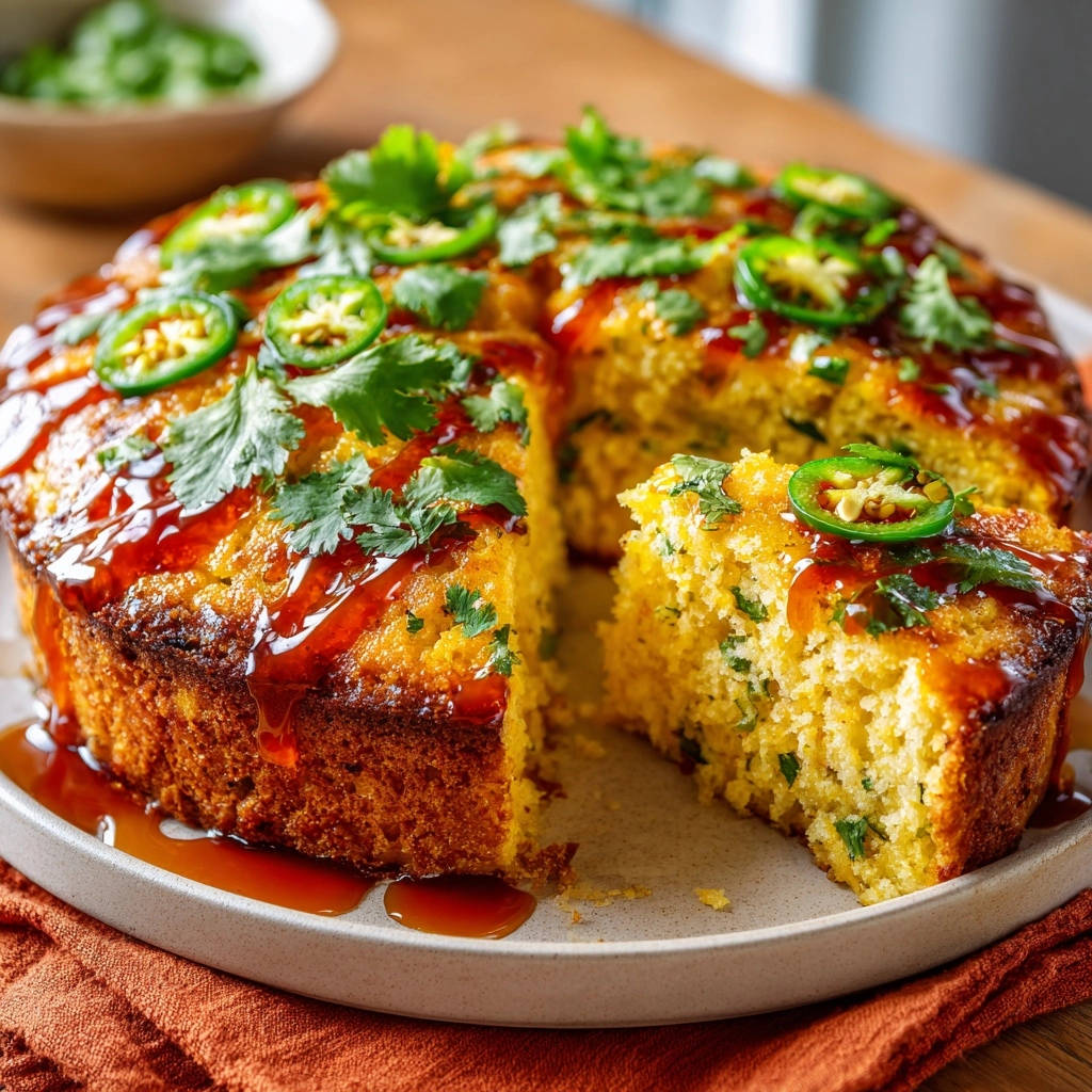 Spicy Glazed Cornbread Cake is sliced, showcasing its moist crumb and glistening glaze with fresh cilantro and jalapeno garnish.