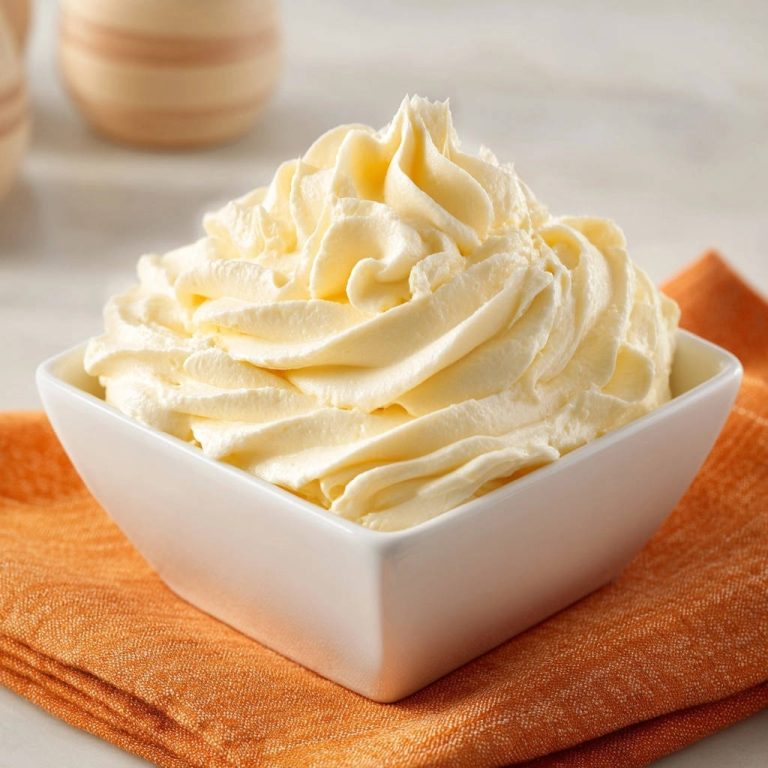 Stable vanilla whipped cream, piped beautifully into a white bowl and presented on an orange napkin.