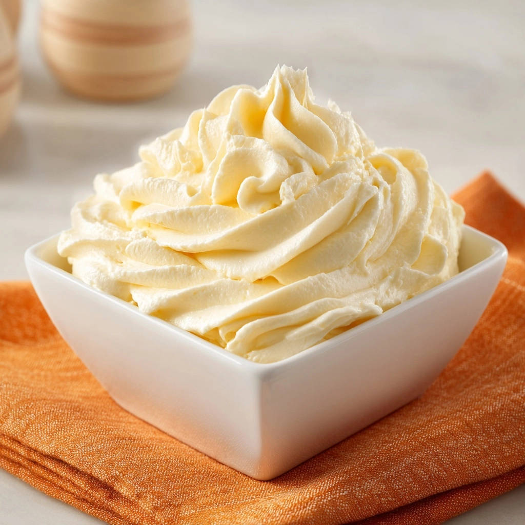 Stable vanilla whipped cream, piped beautifully into a white bowl and presented on an orange napkin.