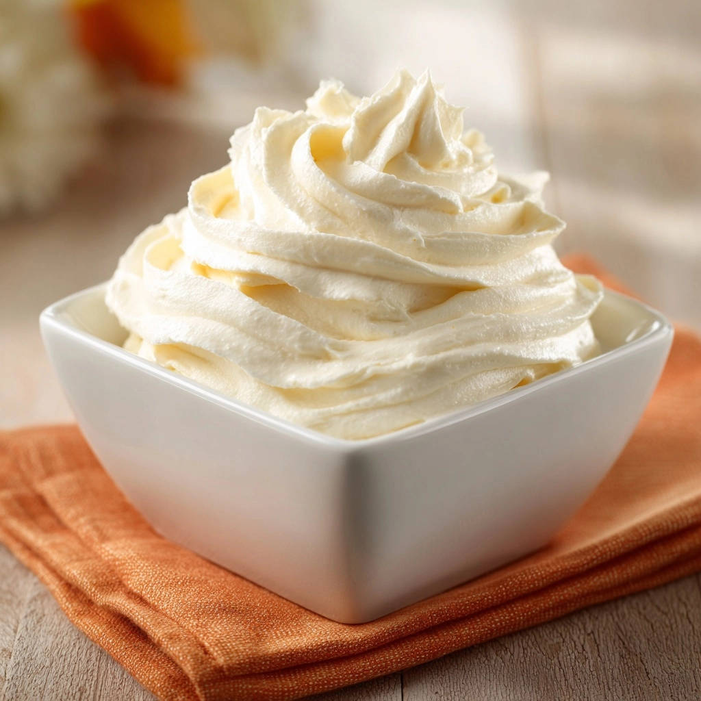 Stable vanilla whipped cream in a white bowl showing a detailed swirl texture and piped peaks.