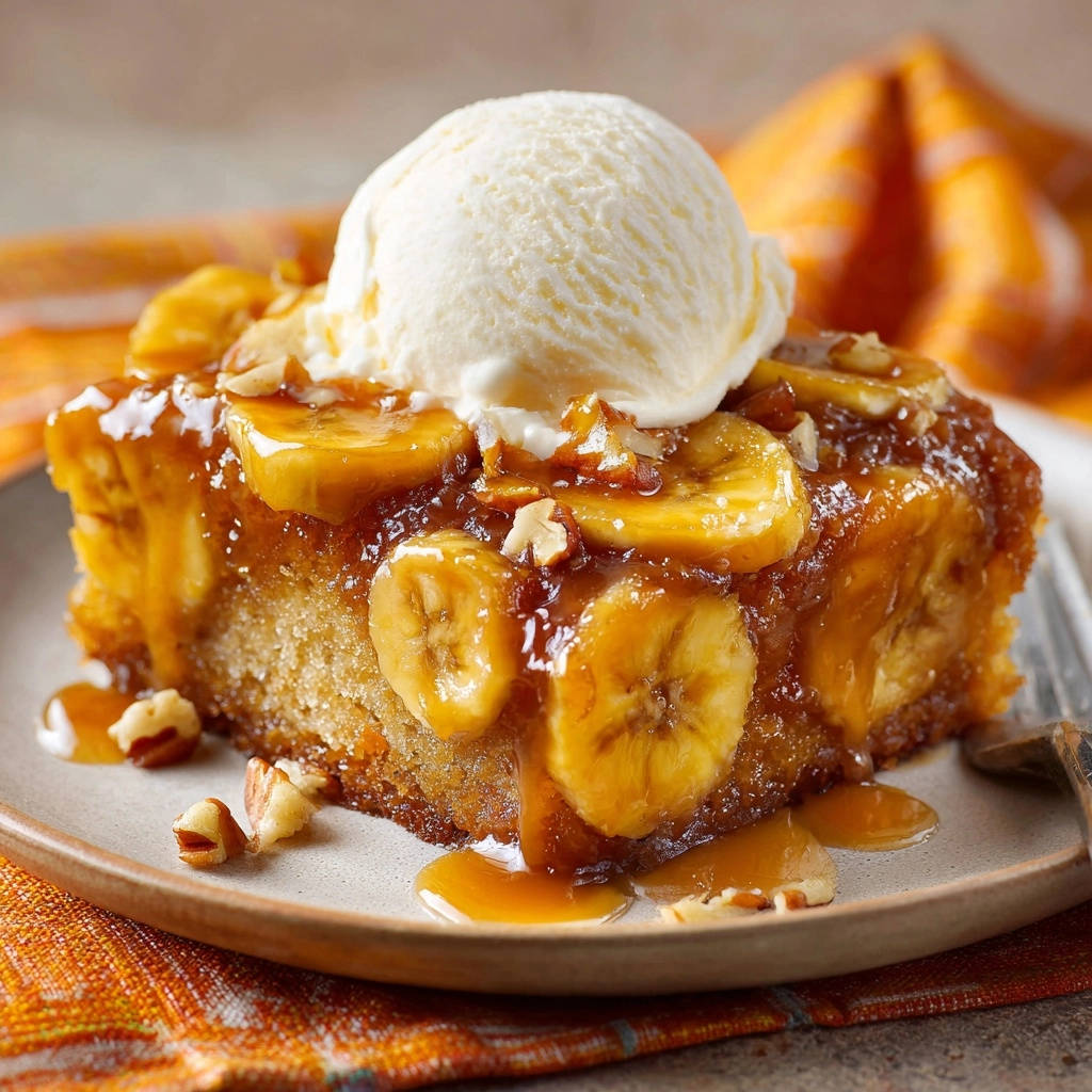 Sticky Sweet Banana Pecan Upside-Down Cake slice plated with a scoop of ice cream and caramel drizzle.