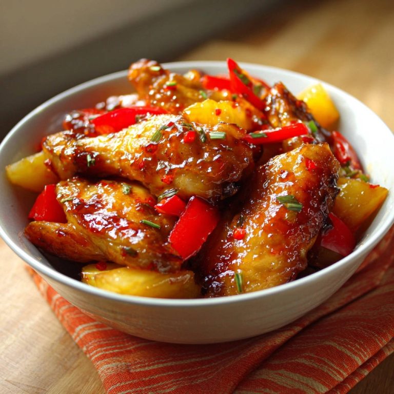 Sticky sweet & spicy pineapple wings shown in a close-up bowl view with glistening glaze and red pepper chunks.