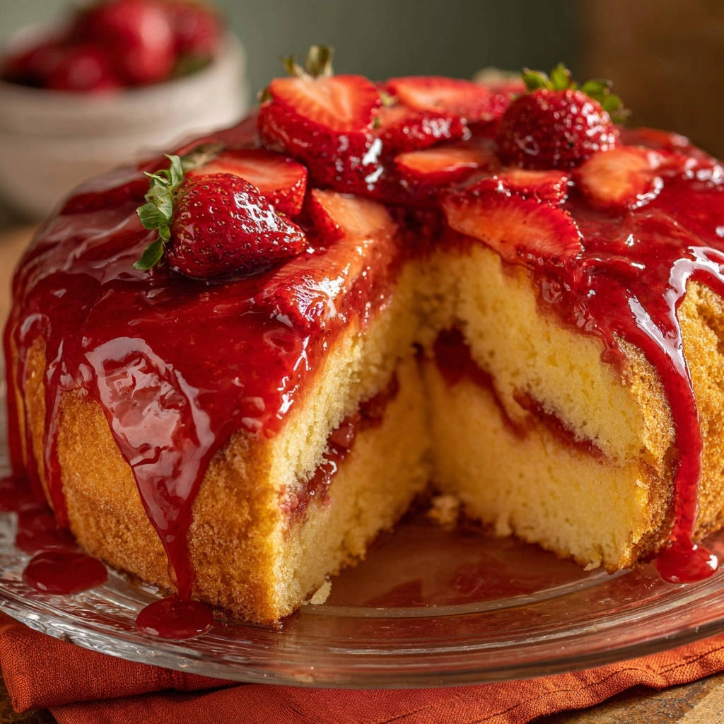 Strawberry Dream Cake shown in a cross-section with dripping strawberry glaze and fresh strawberries on top.
