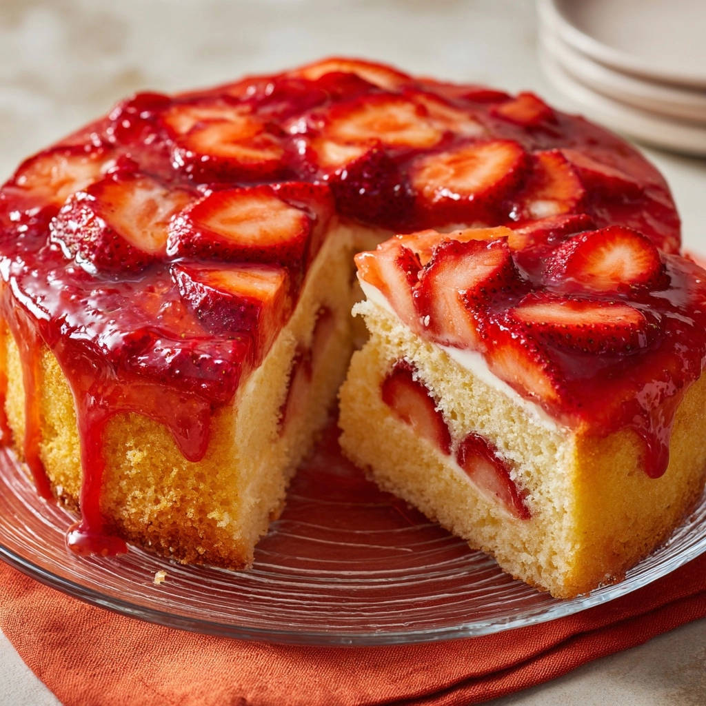 Strawberry Dream Cake cross-section showing fluffy cake layers with fresh strawberries and cream filling.