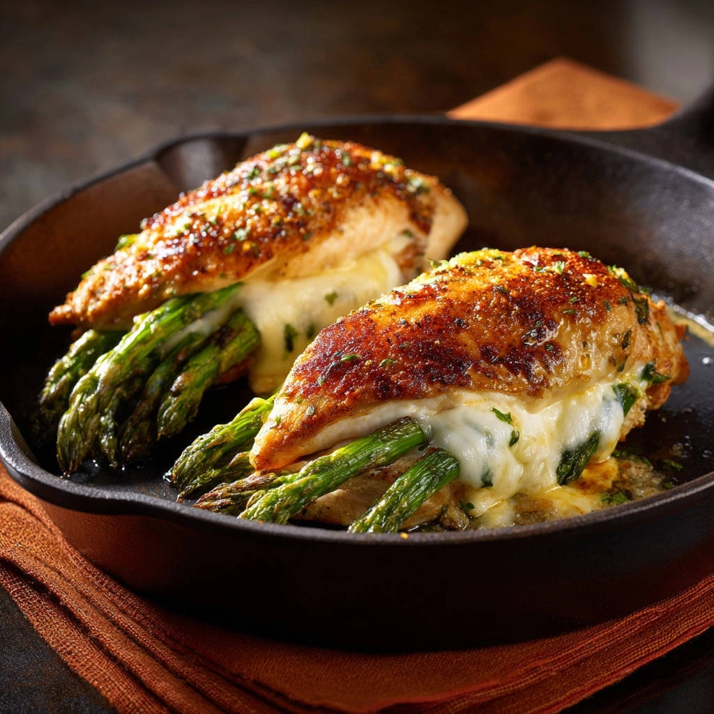 Stuffed chicken with asparagus and cheese showing the melted cheese and asparagus filling inside the juicy chicken breast.