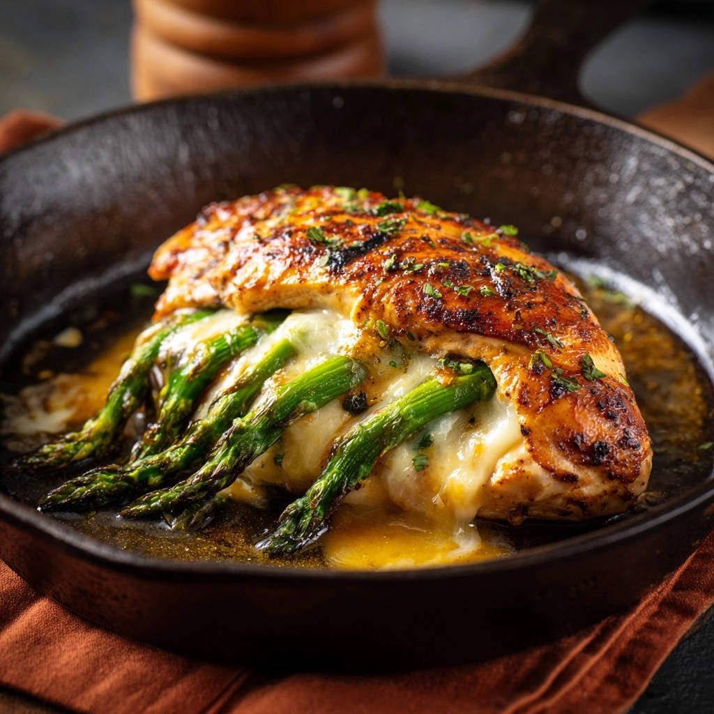 Stuffed chicken with asparagus and cheese showing the juicy, melted cheese and green asparagus spears inside.