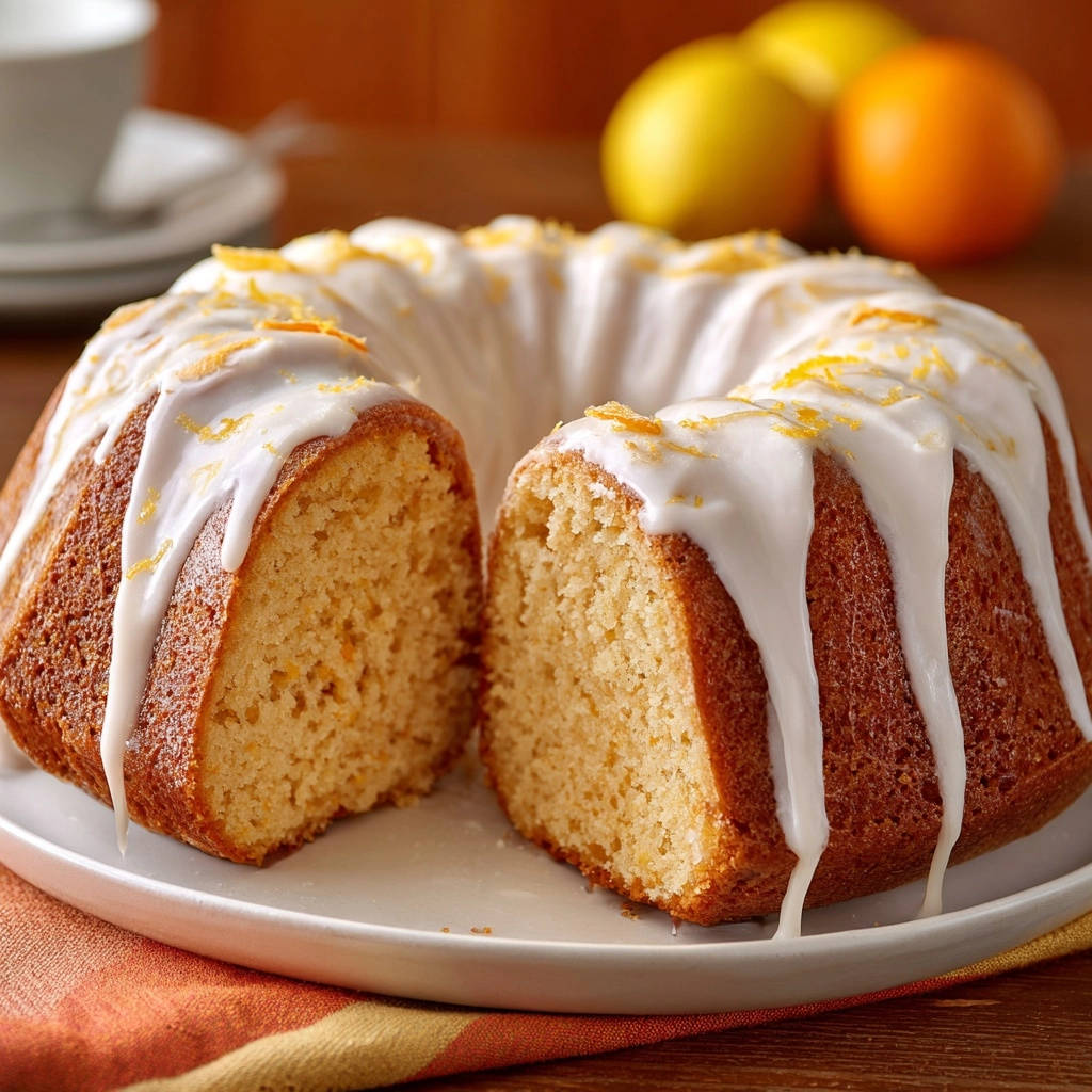 Sunny Orange Bundt Cake showing its moist interior with white glaze and orange zest garnish.