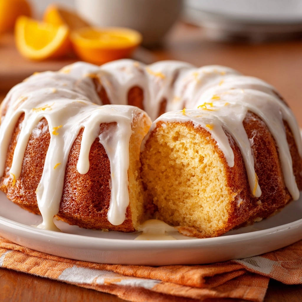 Sunny Orange Bundt Cake cross-section showing its moist interior and drizzled white glaze, garnished with orange zest.