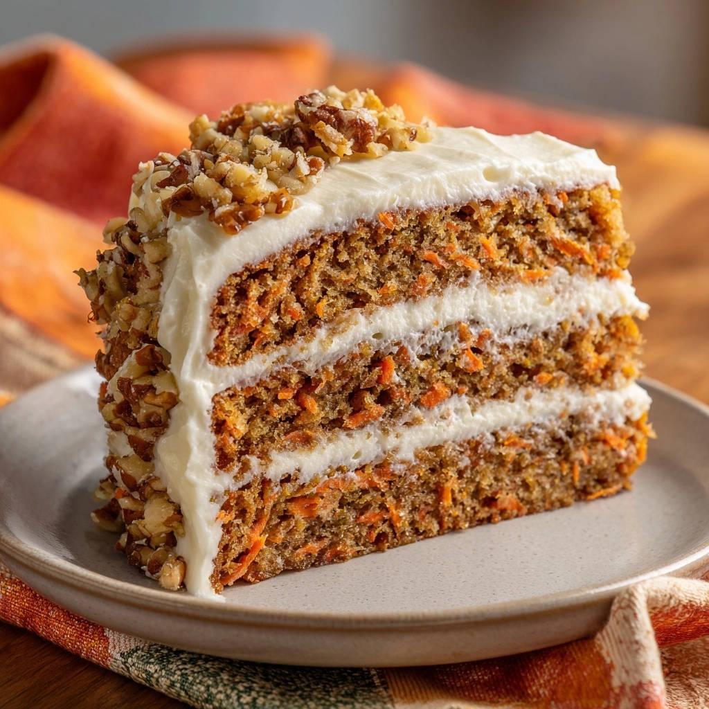 Super moist carrot cake slice shown in a close-up cross-section with thick cream cheese frosting and chopped walnuts.