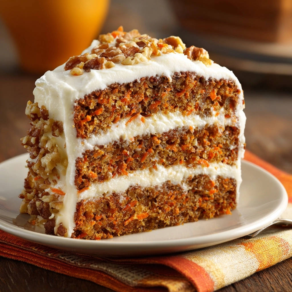 Super moist carrot cake presented as a triple-layer slice, generously frosted and topped with chopped walnuts.