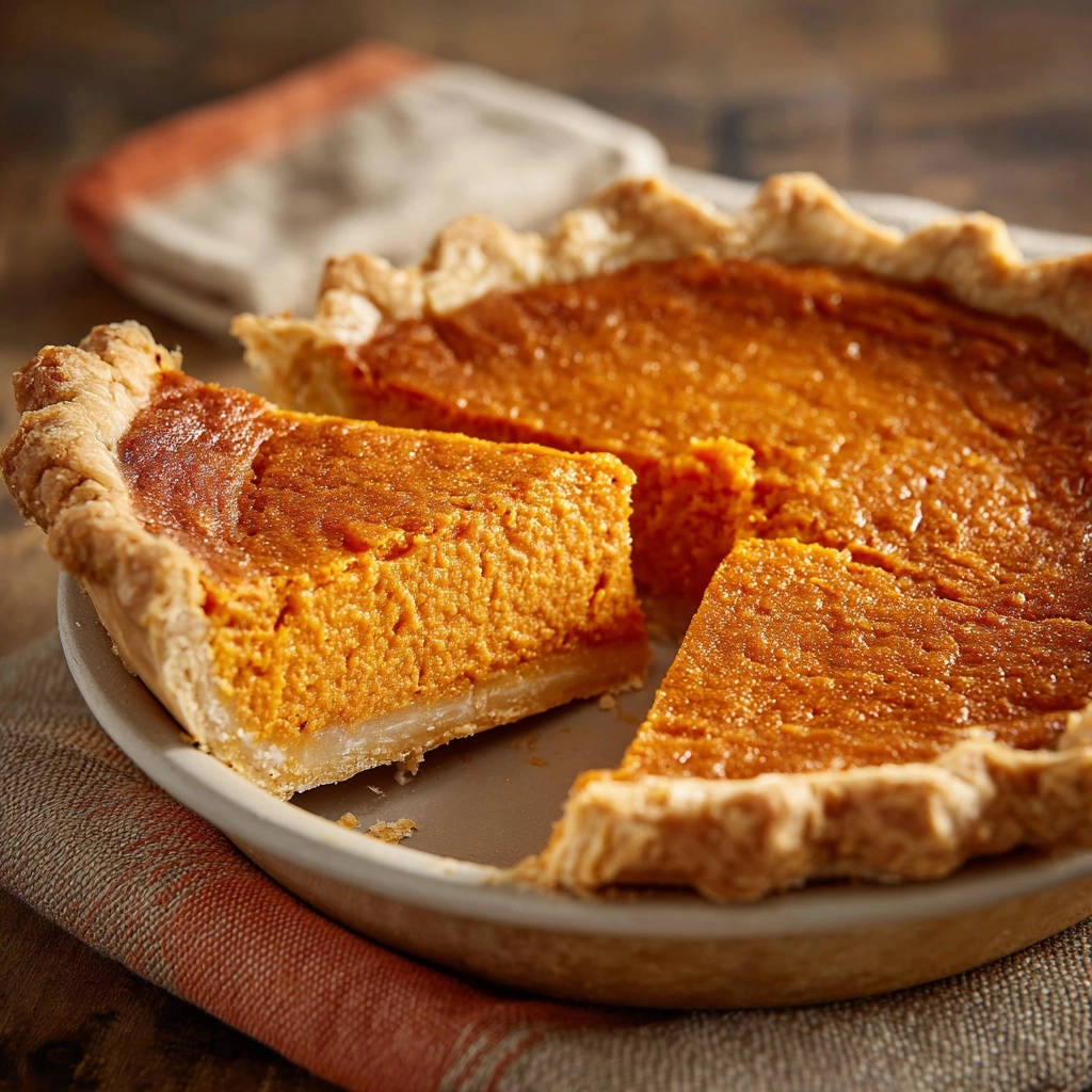 Sweet potato pie with a perfectly smooth top, shown here in a close-up cross-section revealing its rich texture.