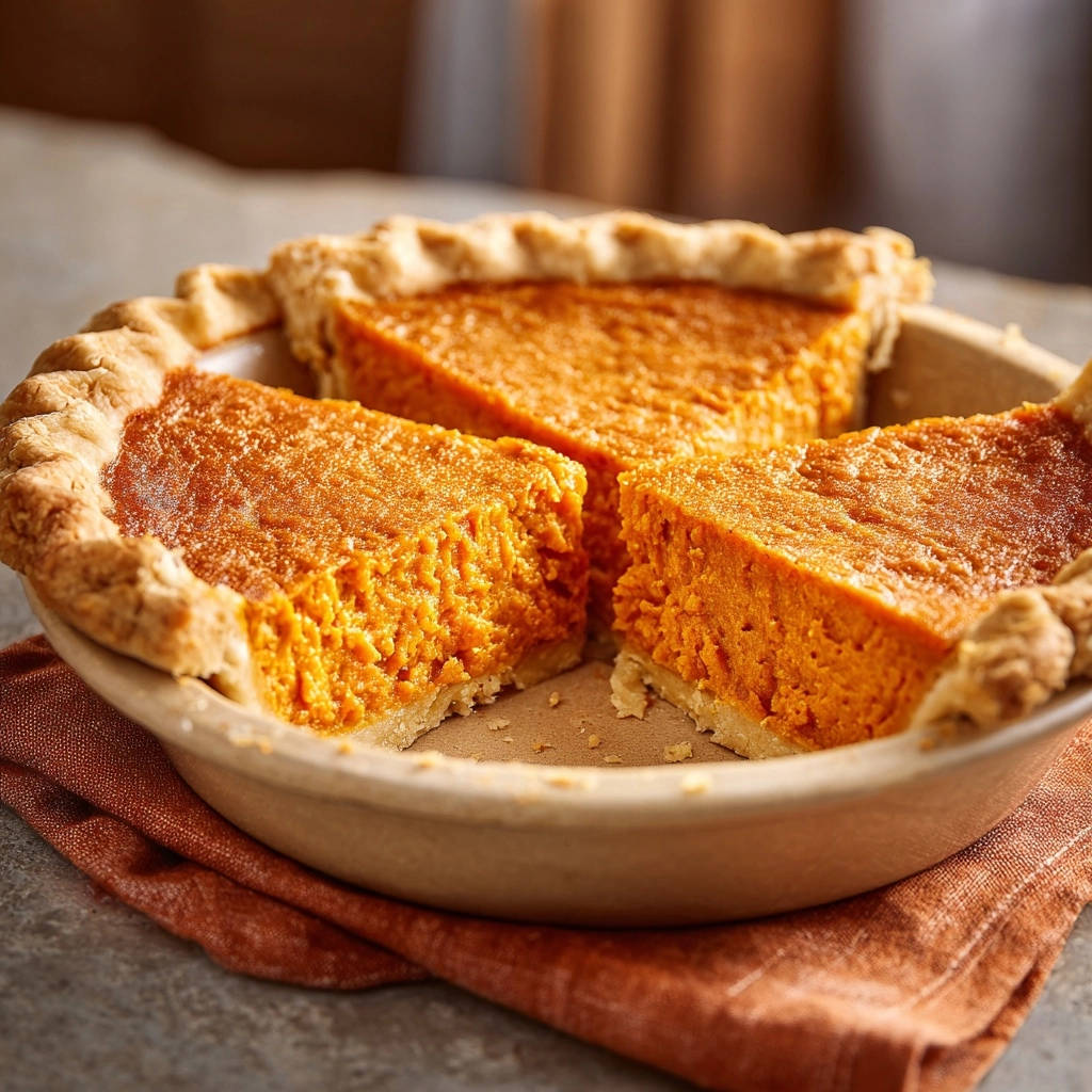 Sweet potato pie perfection showcasing three interior slices with a flaky crust in a pie dish.