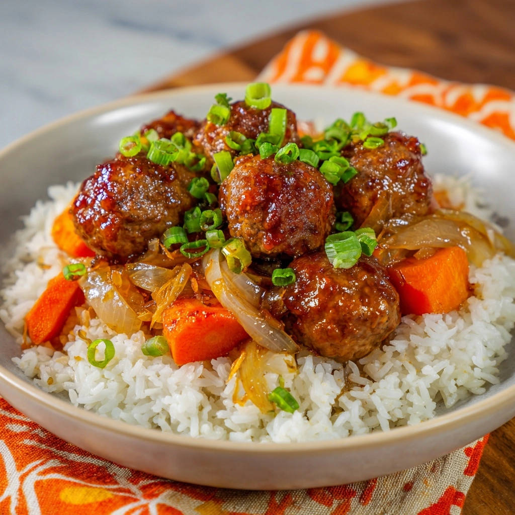 Sweet & savory glazed meatballs piled high on white rice, generously garnished with chopped green onions.