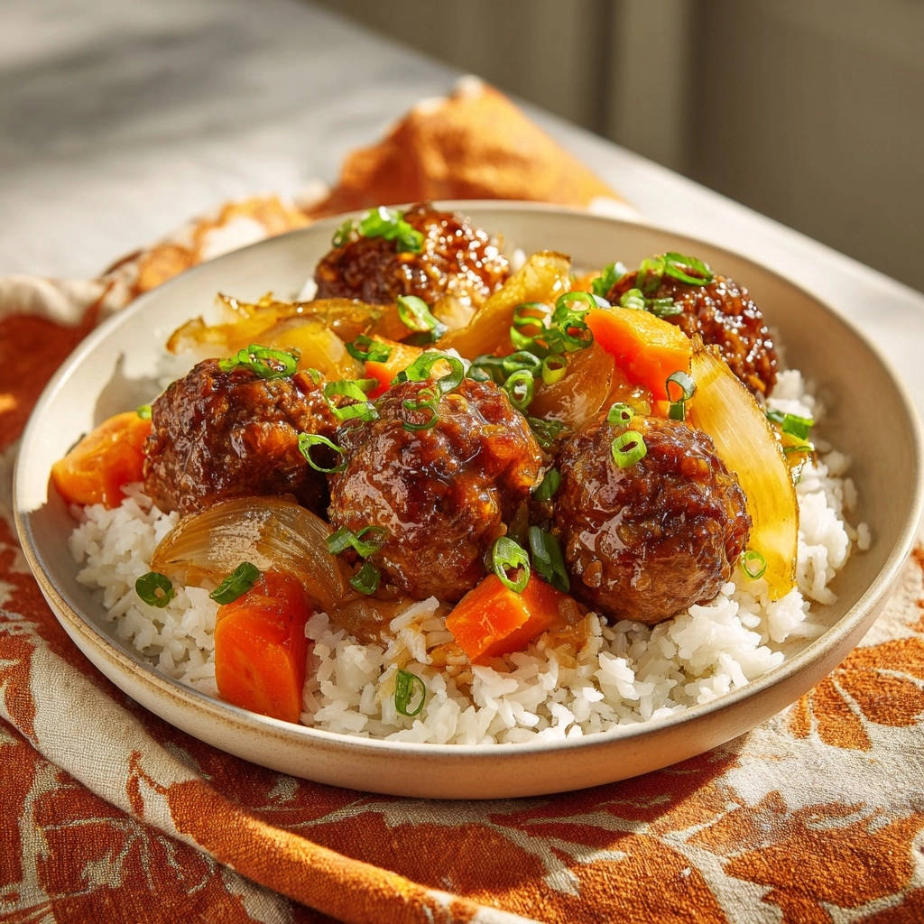 Sweet & Savory Glazed Meatballs served in a bowl with rice, carrots, and onions, garnished with green onions.