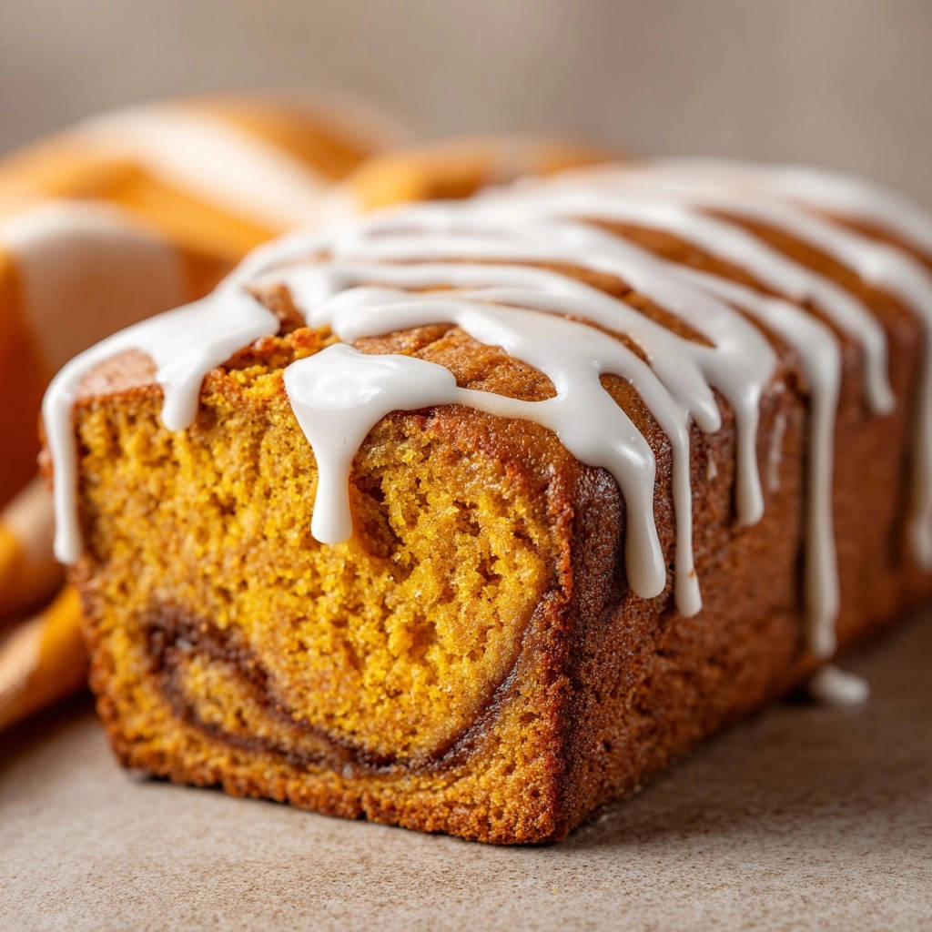 Swirled pumpkin loaf cake with a white glaze drizzled over the top, shown in a close-up view.