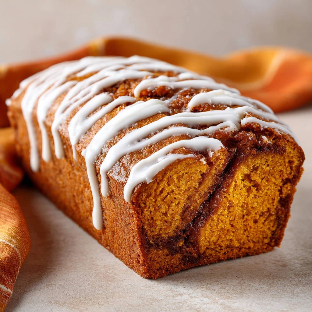 Swirled pumpkin loaf cake drizzled with white icing, showing the moist interior texture.