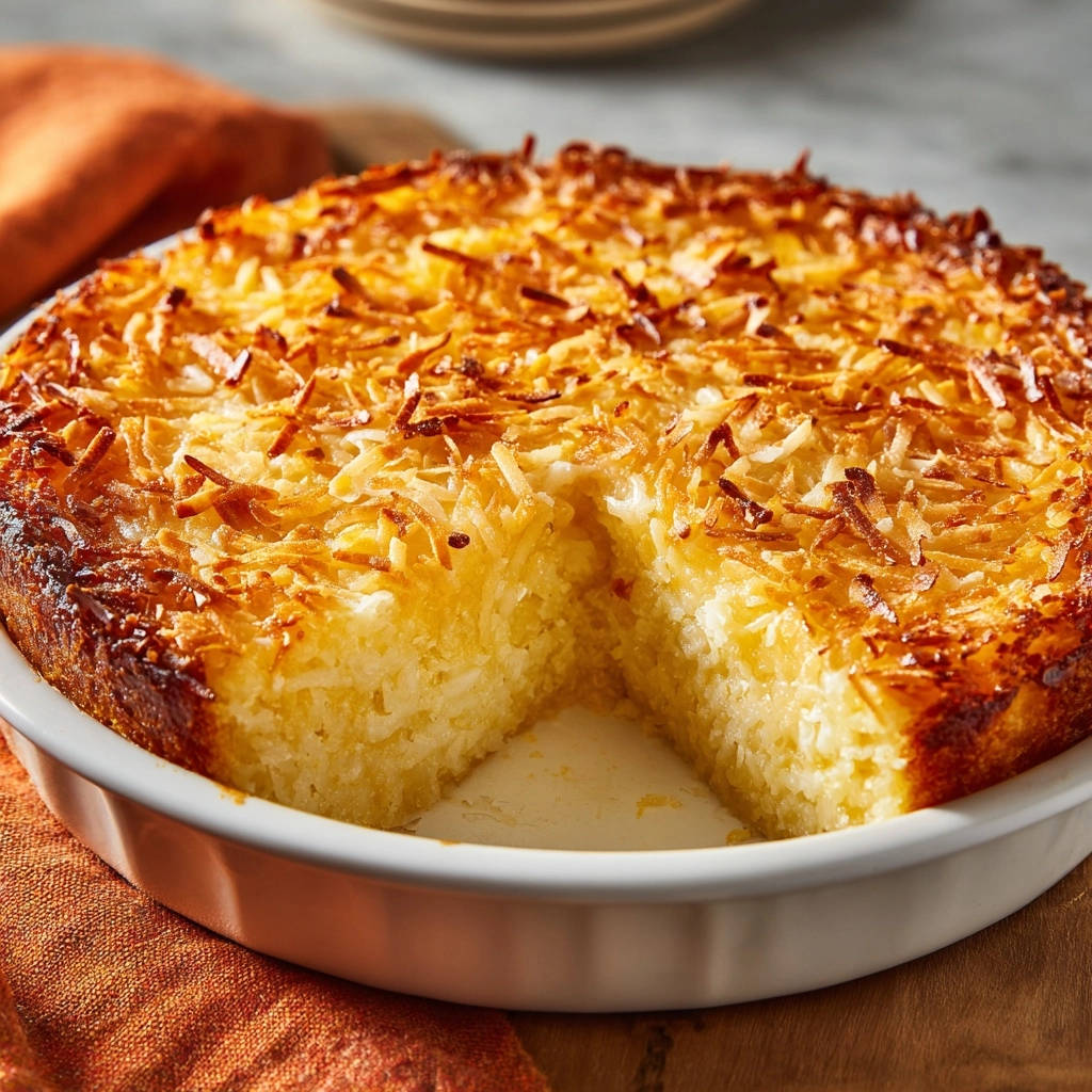 Toasted Coconut Dream Bake cross-section showing its fluffy interior and golden coconut topping.