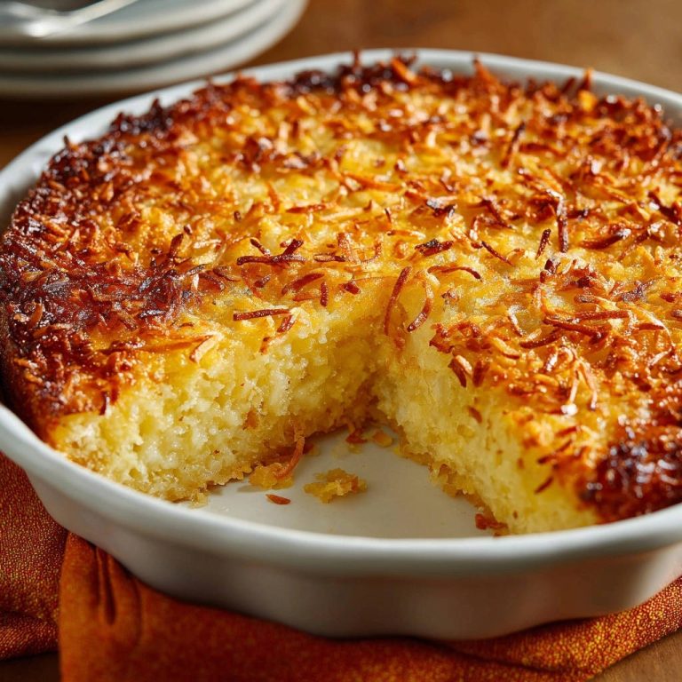 Toasted Coconut Dream Bake shown in a white dish with a slice removed, revealing its interior texture.