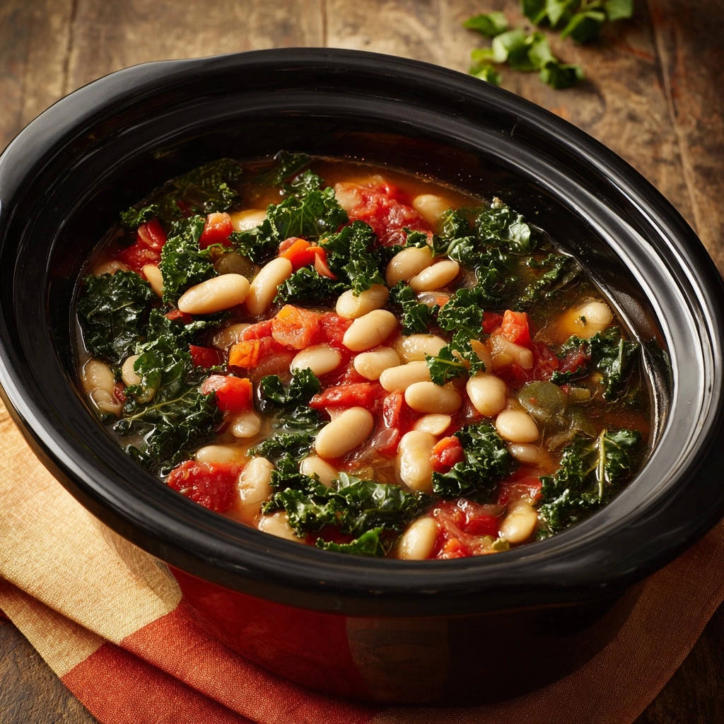 Tuscan-inspired white bean and kale stew served in a black crock pot, showcasing the hearty ingredients.