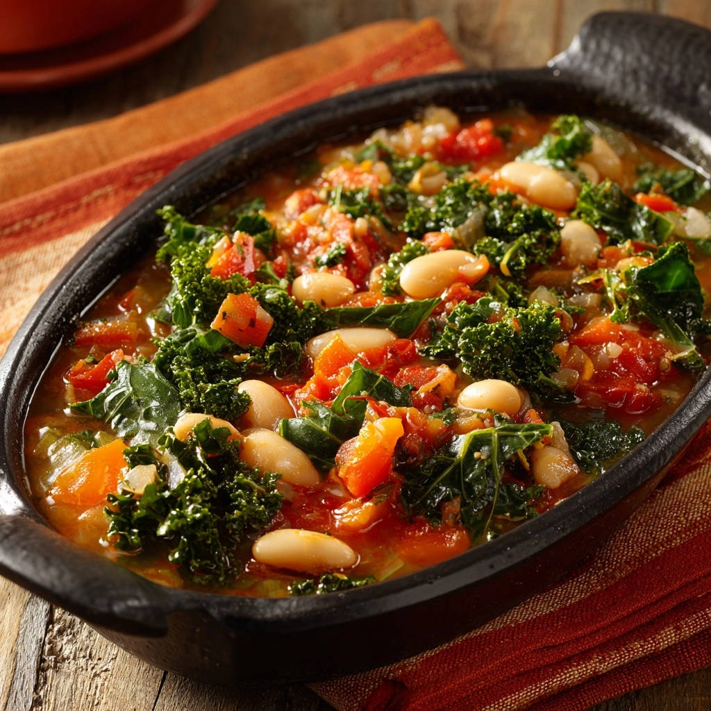 Tuscan-inspired white bean and kale stew served in a rustic black bowl, presented from an overhead perspective.