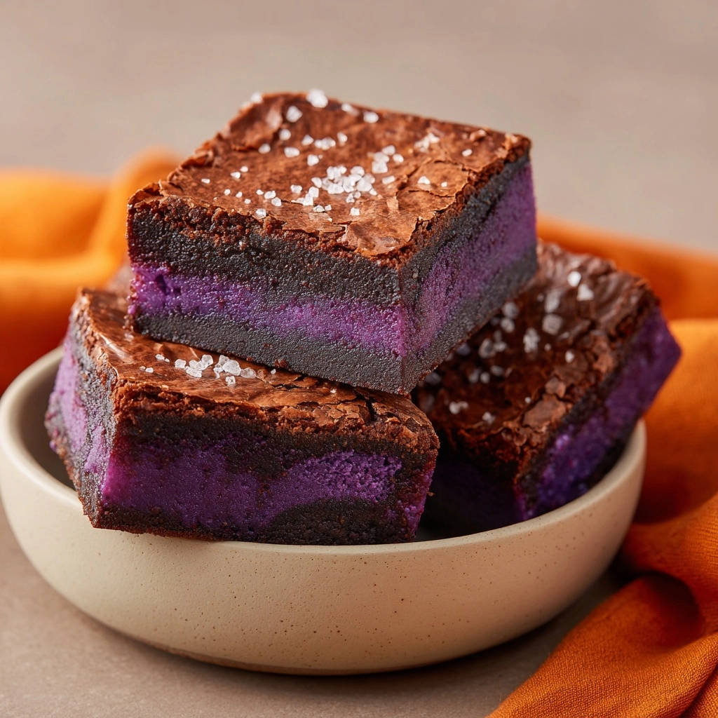 Ube swirl fudgy brownies with a visible purple interior and flaky sea salt topping, presented in a bowl.
