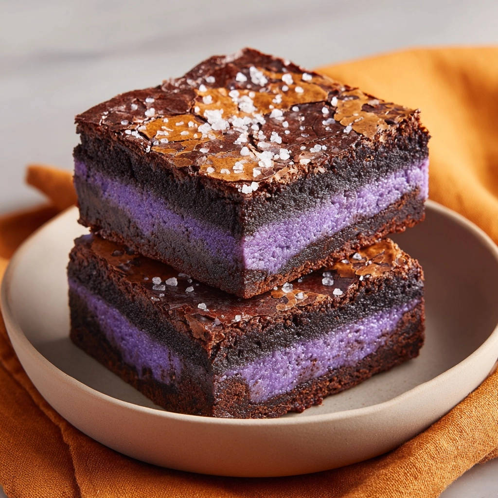 Ube swirl fudgy brownies showcasing a vibrant purple filling sandwiched between rich chocolate layers, stacked in a close-up view.
